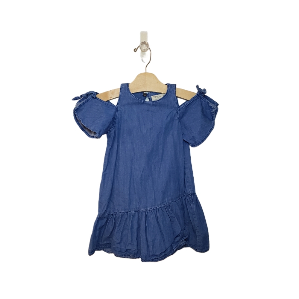 Zara Size 5 Girls Blue Chambray Cold Shoulder Ruffle Hem Dress